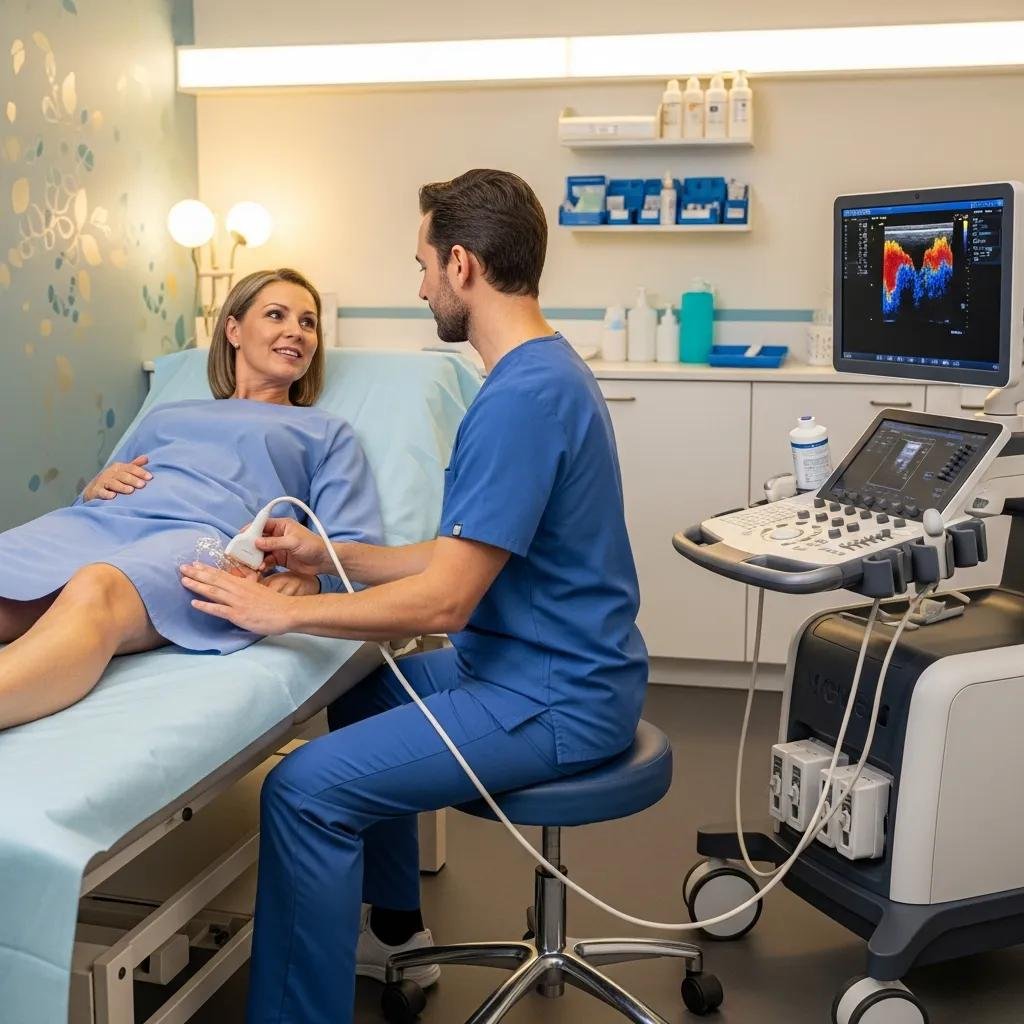 Healthcare professional using Doppler ultrasound to assess blood flow in a patient, relevant to diagnosing arterial ulcers and evaluating circulation.