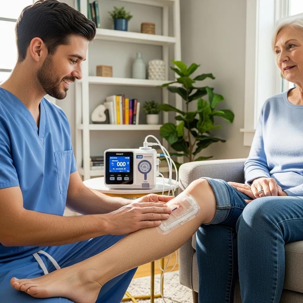 Healthcare professional applying negative pressure wound therapy to a patient's leg in a home setting, emphasizing advanced mobile wound care techniques for effective self-management and healing.