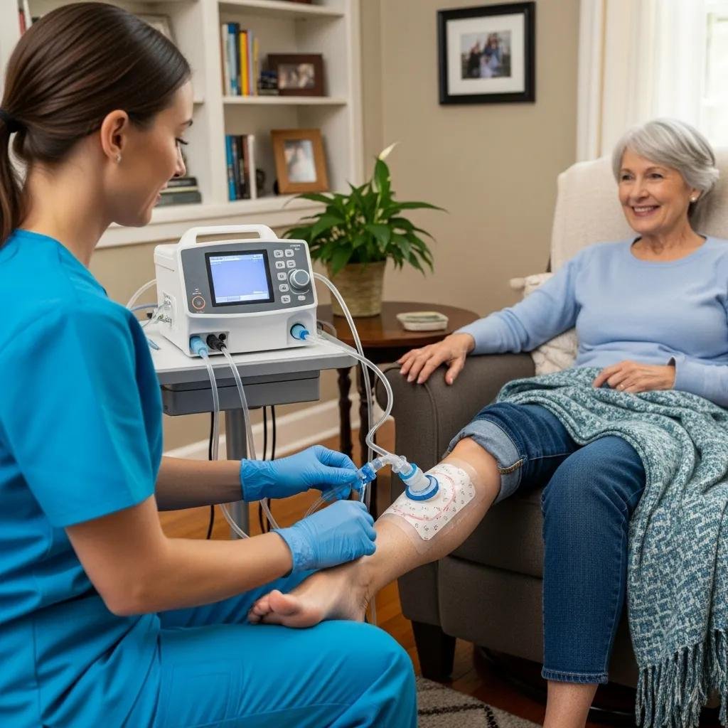 Healthcare provider administering negative pressure wound therapy to a patient in a home setting, showcasing advanced mobile wound care treatment options.