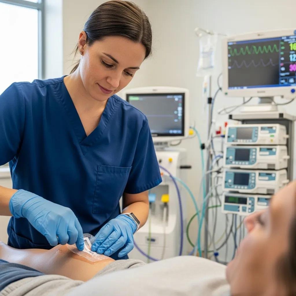Healthcare provider applying biologic dressing during remote wound care in clinical setting, demonstrating telehealth application for effective wound management.