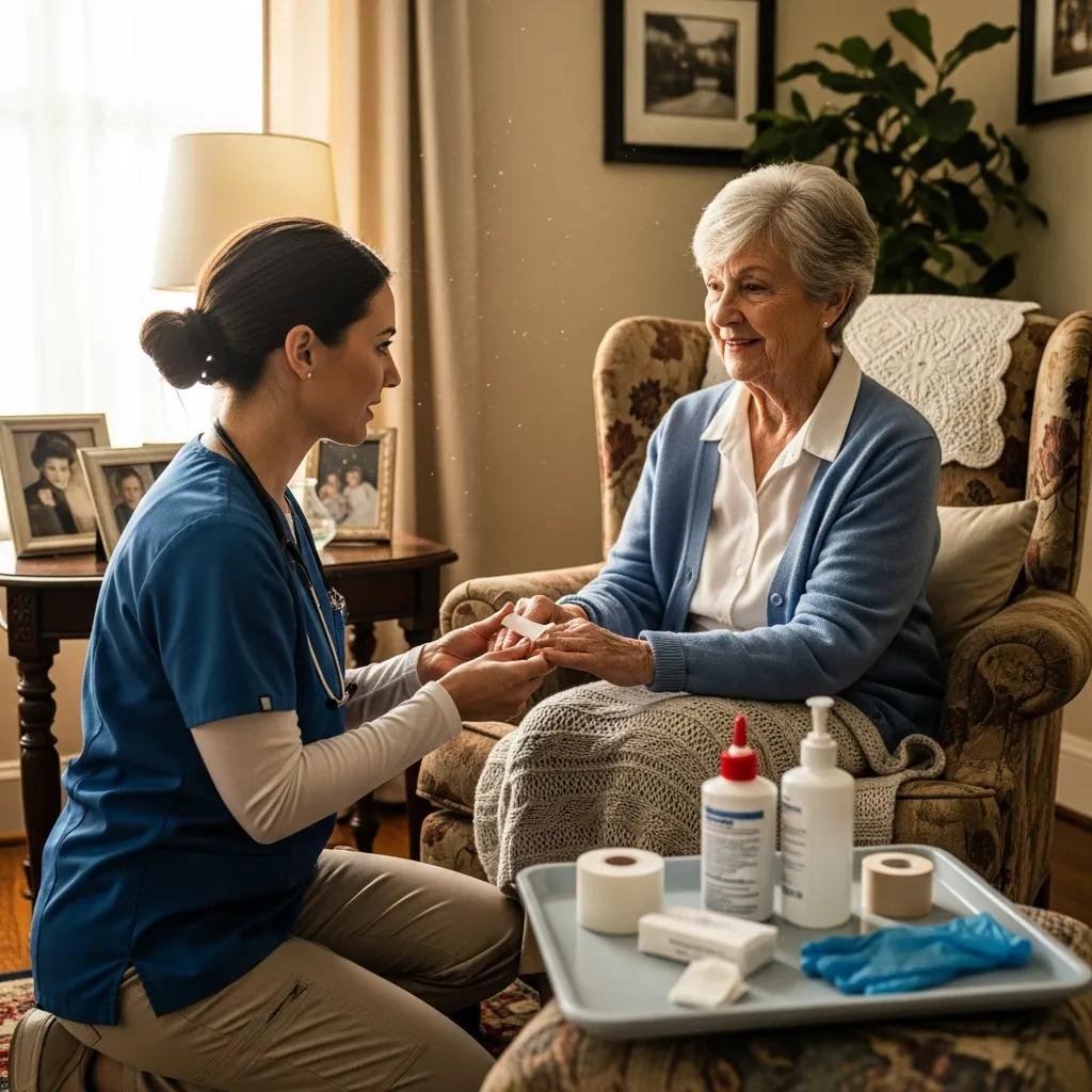 Healthcare provider delivering personalized mobile wound care to an elderly patient at home, emphasizing comfort and tailored treatment for chronic wounds.