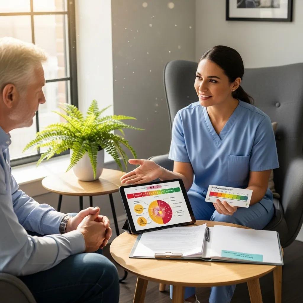 Healthcare provider discussing pain management strategies with a patient, using a tablet displaying wound care information and a pain assessment tool, in a comfortable home setting.