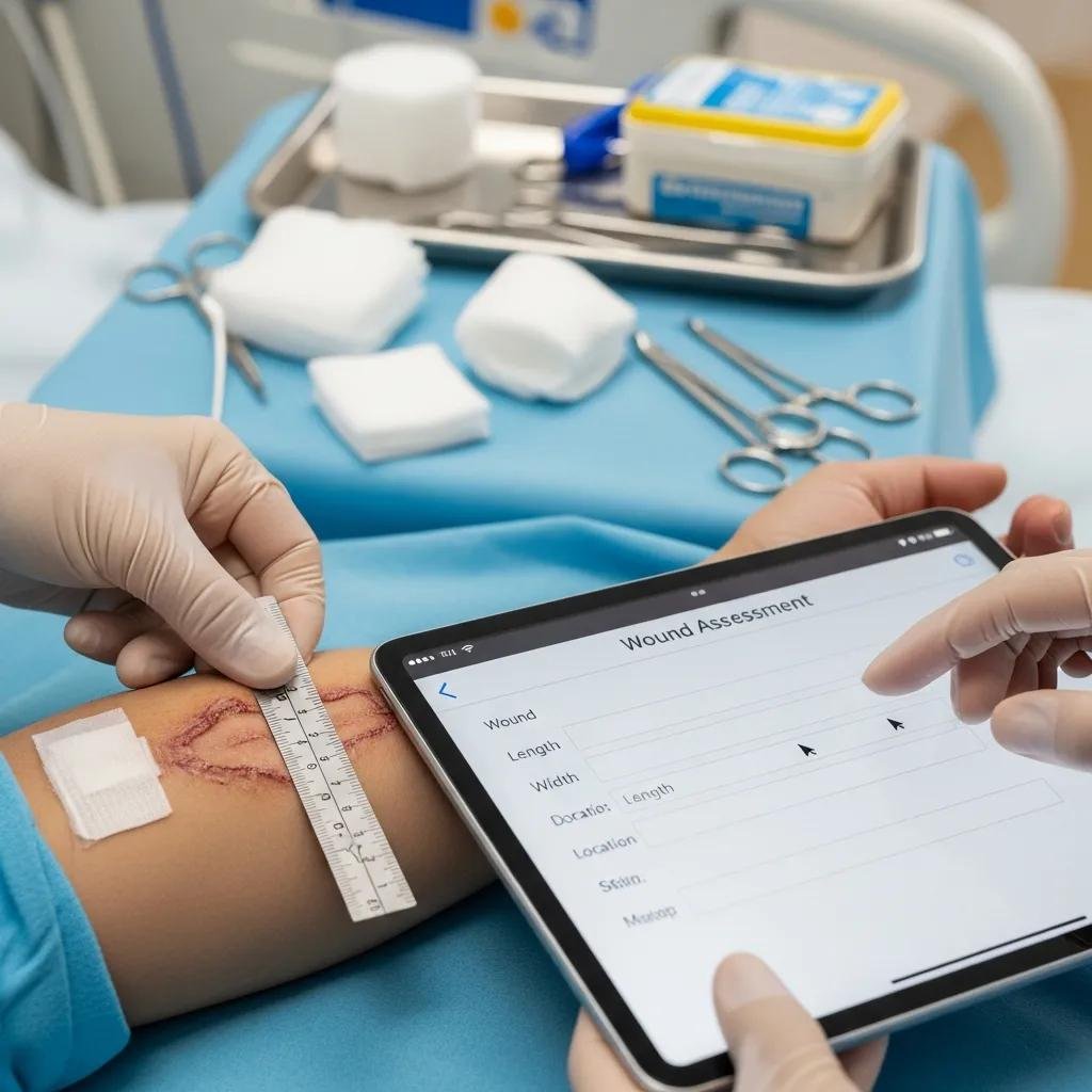 Healthcare provider measuring a wound on a patient's arm with a ruler and documenting details on a tablet, surrounded by medical supplies in a clinical setting.