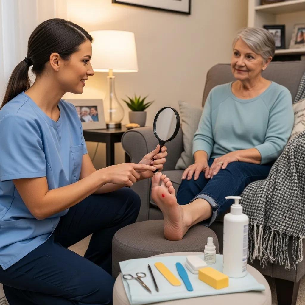 Healthcare provider teaching foot care techniques to a diabetic patient at home, emphasizing mobile wound care education, with foot care tools and products on a table.
