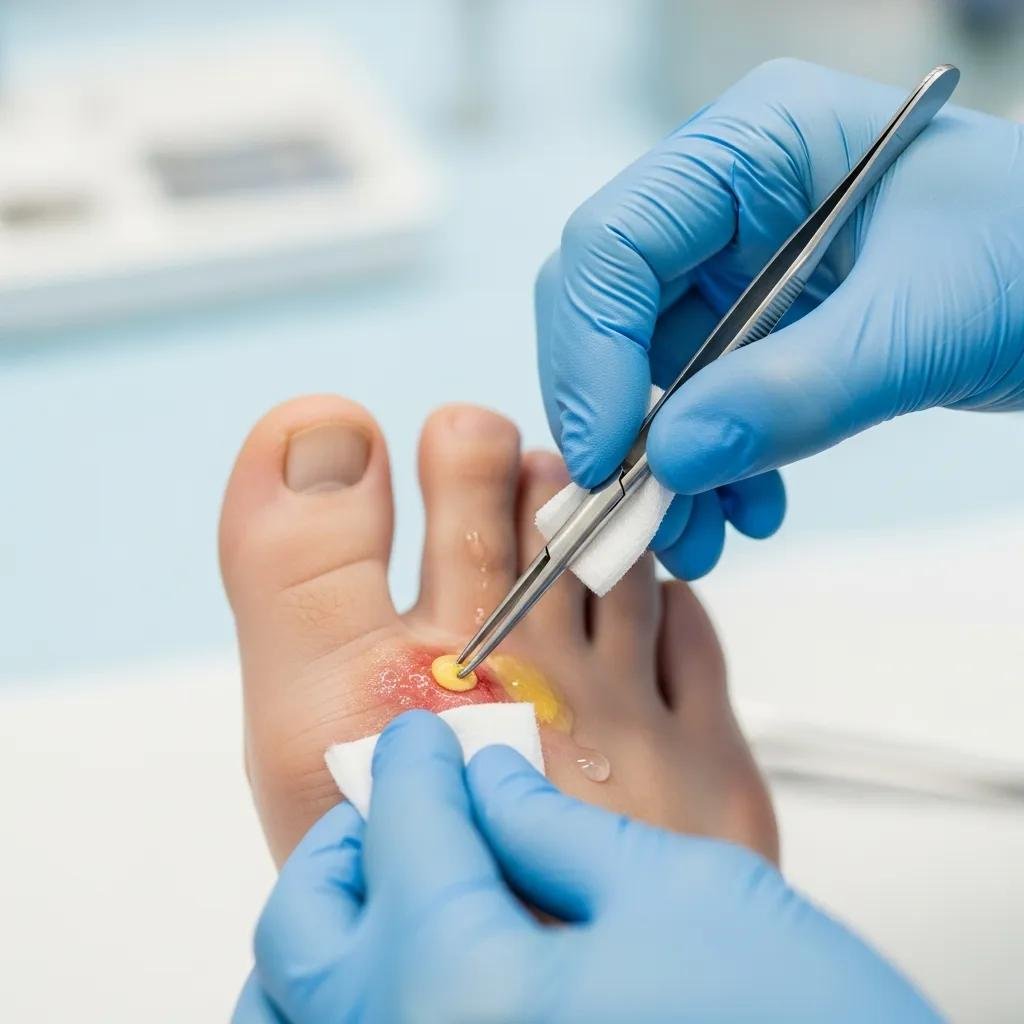 Healthcare specialist managing a diabetic foot ulcer with sterile tools, demonstrating in-home wound care practices.