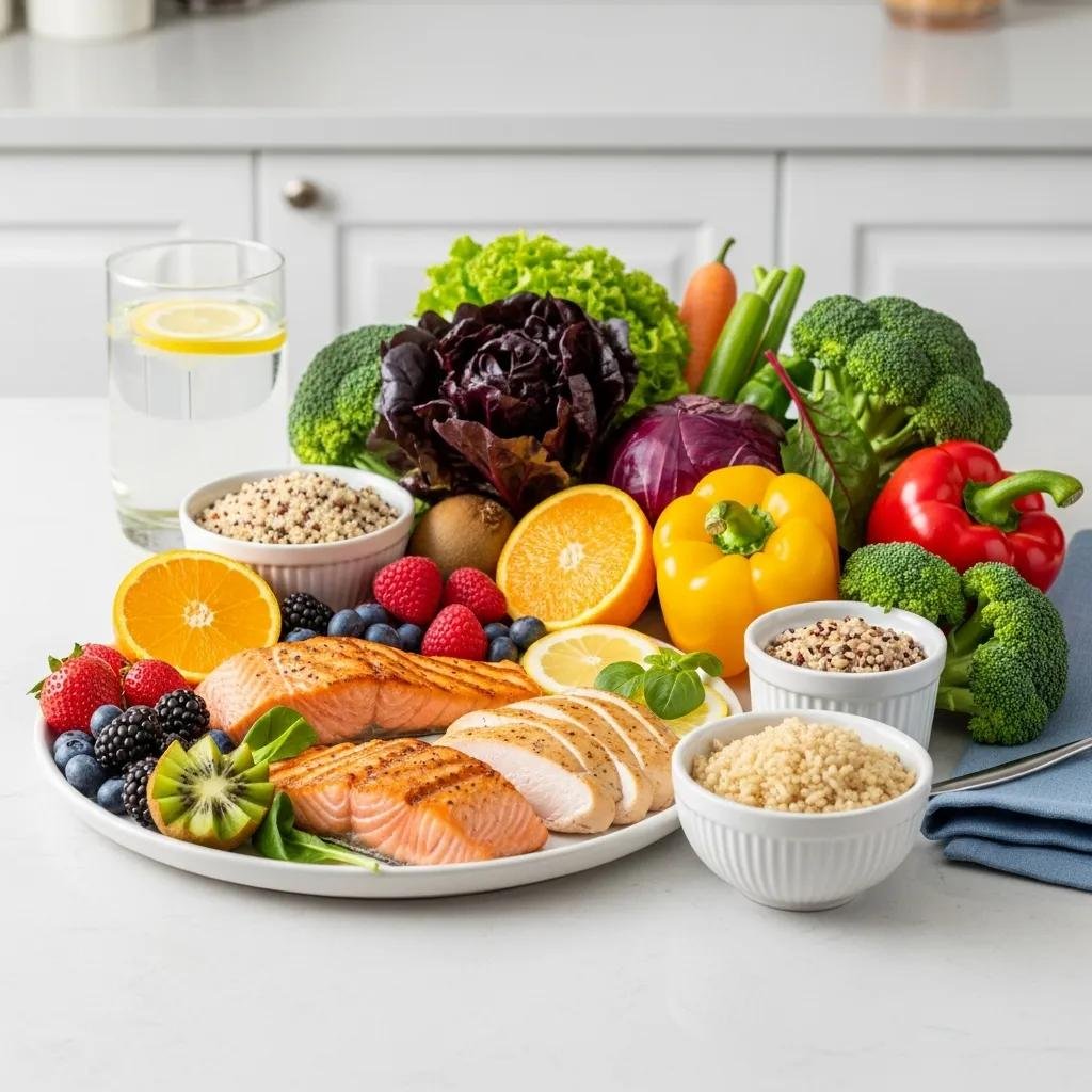 Healthy foods supporting wound healing, including grilled salmon, lean chicken, colorful vegetables, fruits, and whole grains, arranged on a plate with a glass of water.