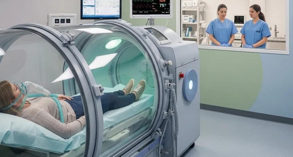 Patient receiving Hyperbaric Oxygen Therapy in a chamber, with medical staff observing, highlighting the healing environment for wound care.