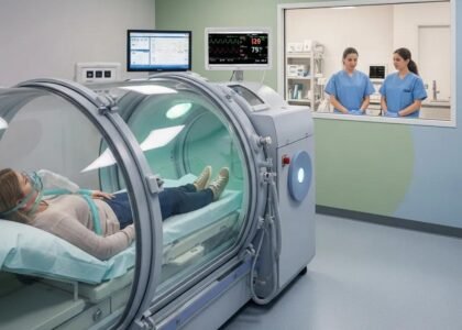 Hyperbaric oxygen therapy chamber with a patient receiving treatment, highlighting the healing environment