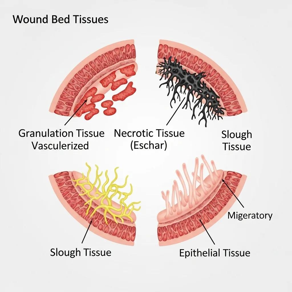 Diagram showing granulation, necrotic, slough, and epithelial tissues in a wound bed