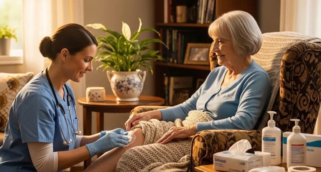Healthcare professional providing in-home wound care to elderly patient in cozy living room, emphasizing comfort and personalized treatment.
