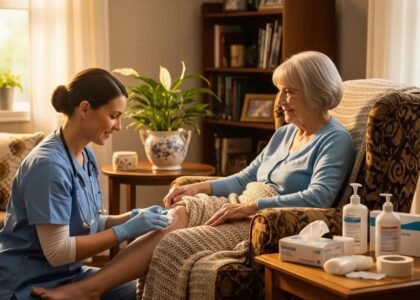 Healthcare professional providing in-home wound care to an elderly patient in a cozy living room, with medical supplies visible on a nearby table, emphasizing comfort and personalized care.