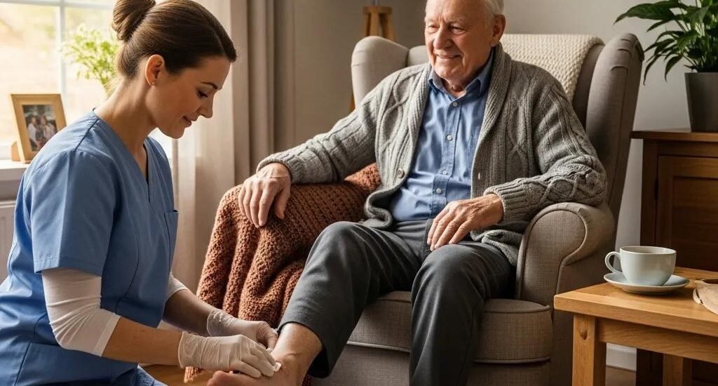 Nurse providing in-home wound care to elderly patient in cozy living room, highlighting personalized treatment and comfort.