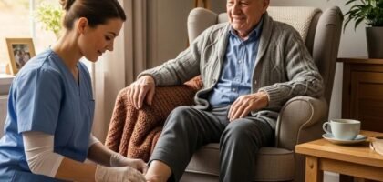 Nurse providing in-home wound care to elderly patient in cozy living room, highlighting personalized treatment and comfort in mobile healthcare services.