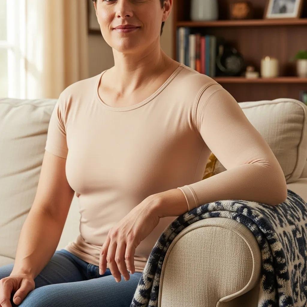 Individual wearing a pressure garment for hypertrophic scar management, demonstrating effective treatment for raised scars in a home setting.