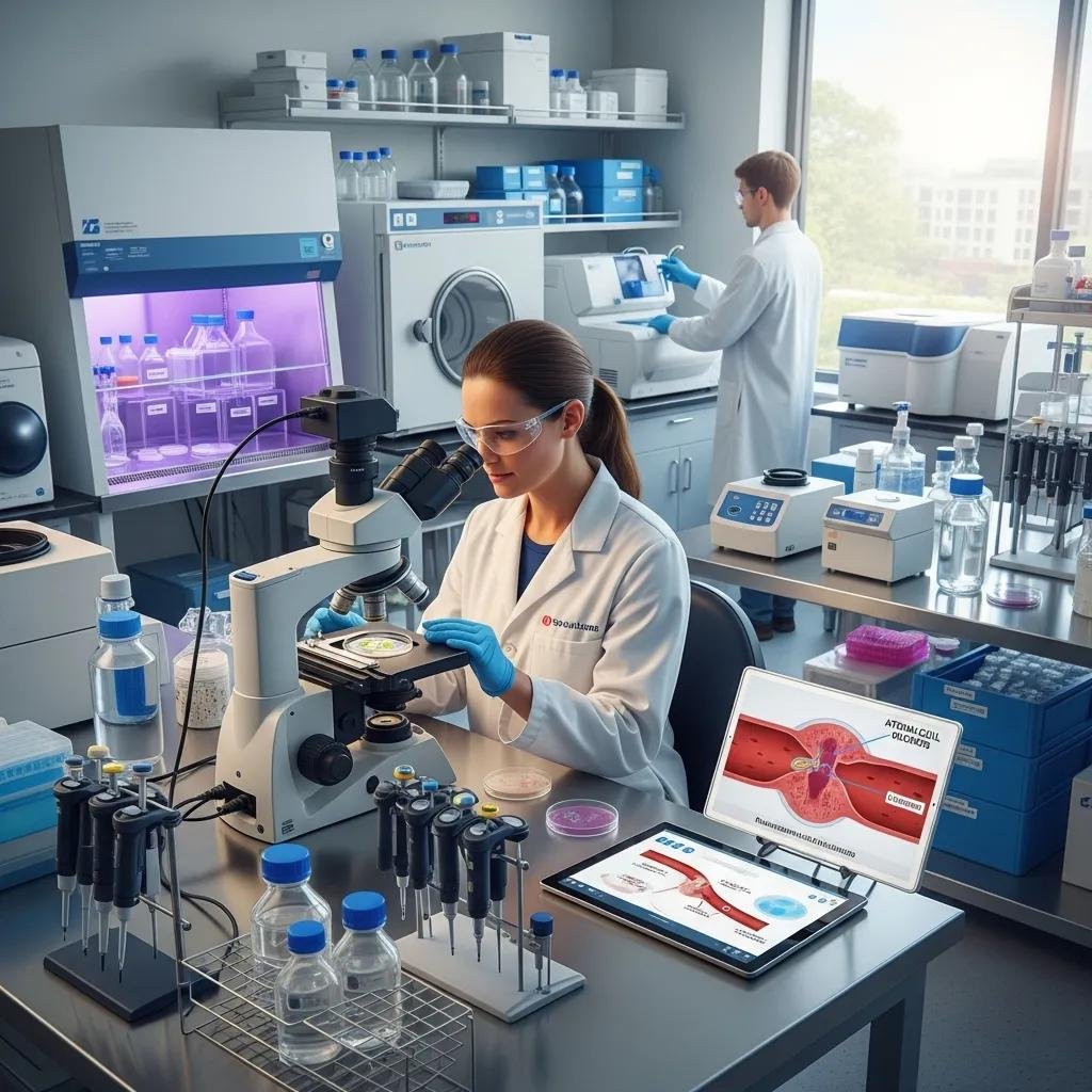 Laboratory scene with a female researcher examining samples under a microscope, surrounded by equipment for regenerative medicine research related to arterial ulcer healing, including pipettes, petri dishes, and a digital display showing blood vessel diagrams.