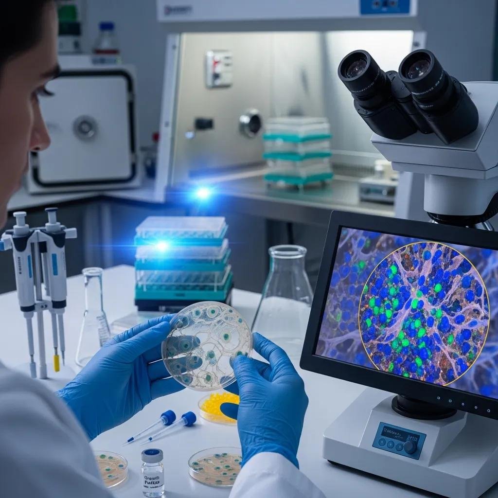 Laboratory scene showcasing regenerative medicine techniques for chronic wound healing, with a researcher examining a petri dish and a digital microscope display highlighting cellular activity.