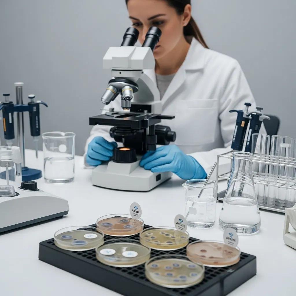 Laboratory technician analyzing wound culture results under a microscope, with petri dishes and laboratory equipment in a clinical setting, emphasizing the importance of accurate testing for effective antibiotic treatment.
