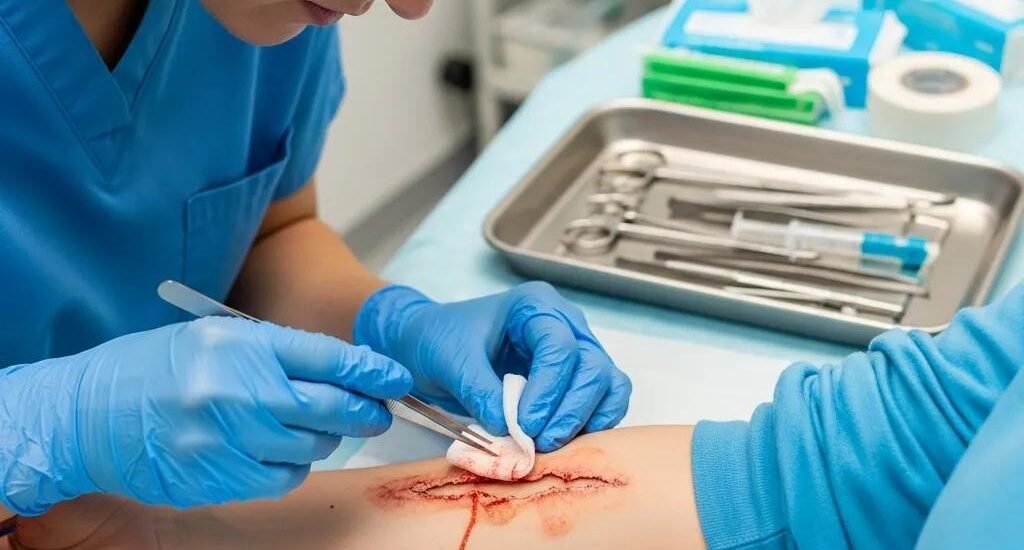 Medical professional examining a wound, emphasizing emergency wound care