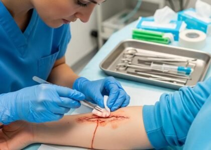 Medical professional performing emergency wound care on a patient's arm, emphasizing effective treatment and recovery strategies.