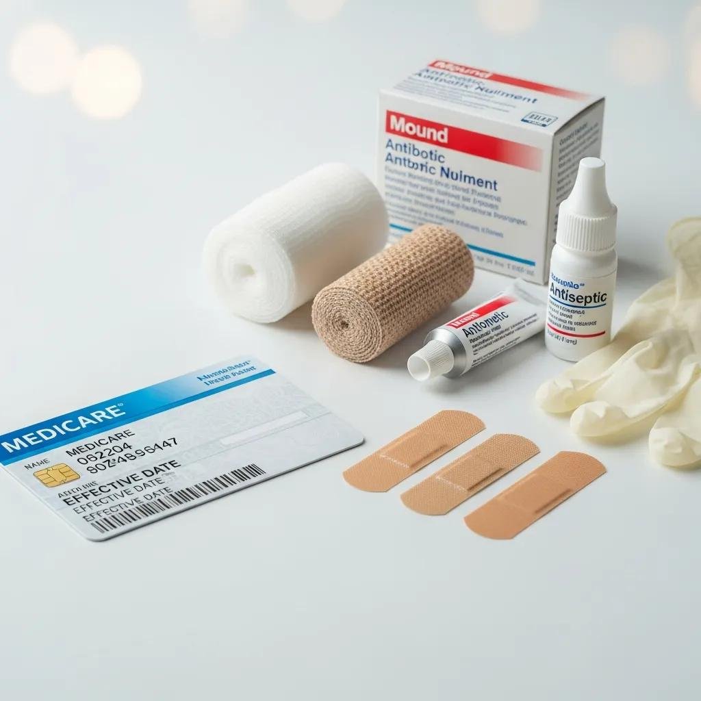 Medicare card alongside wound care supplies including antibiotic ointment, antiseptic solution, gauze rolls, adhesive bandages, and gloves, illustrating coverage for mobile wound care services.