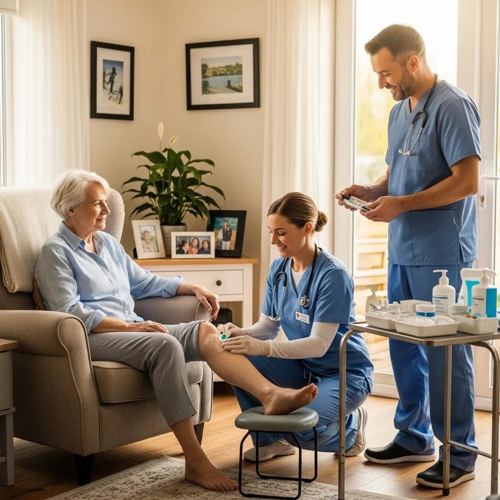 Healthcare professionals providing personalized wound care to an elderly patient at home, emphasizing mobile healthcare and individualized treatment for chronic wounds.