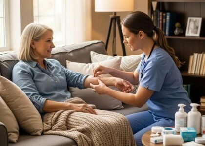 Nurse providing mobile wound care to cancer patient at home, demonstrating compassionate healthcare in a comfortable living room setting.