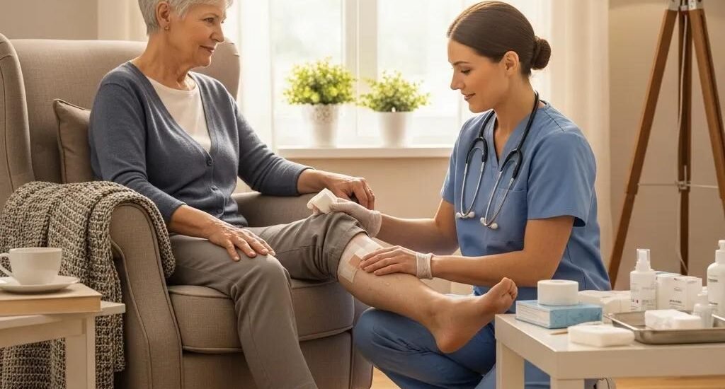 Mobile wound care treatment for lymphedema, nurse applying dressing to patient's leg in a home setting, emphasizing patient comfort and professional care.
