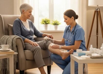 Mobile wound care for lymphedema in a home setting, highlighting patient comfort and professional care
