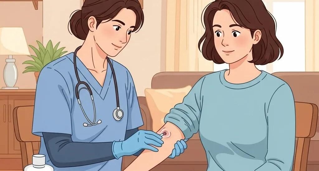 Healthcare professional providing mobile wound care to a patient in a home setting, illustrating personalized treatment options.