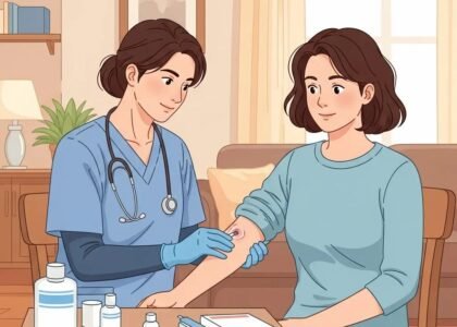 Mobile wound care in a home setting with a healthcare professional assisting a patient
