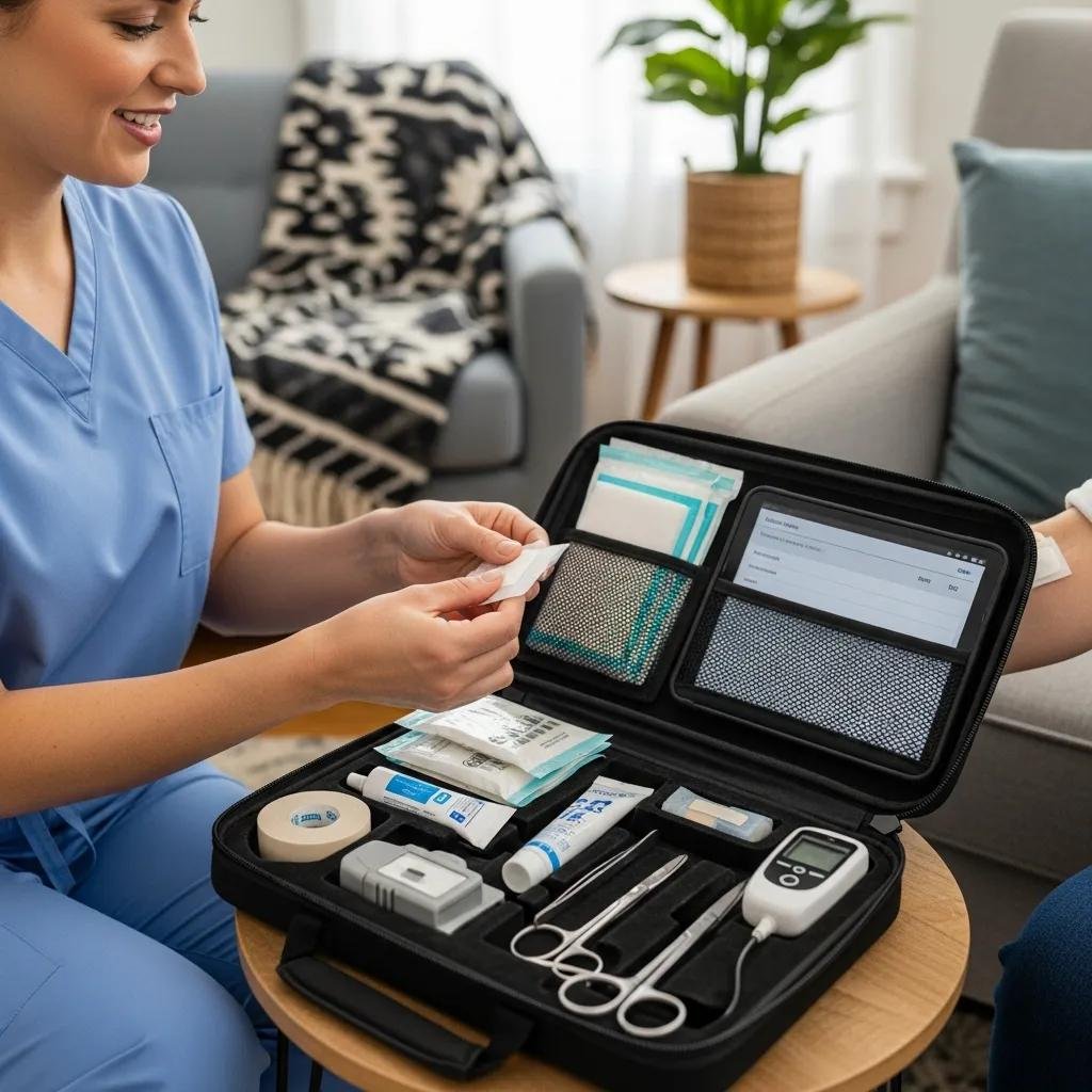 Mobile wound care kit being used in a patient's home, featuring a clinician preparing supplies, emphasizing at-home treatment benefits and patient comfort.