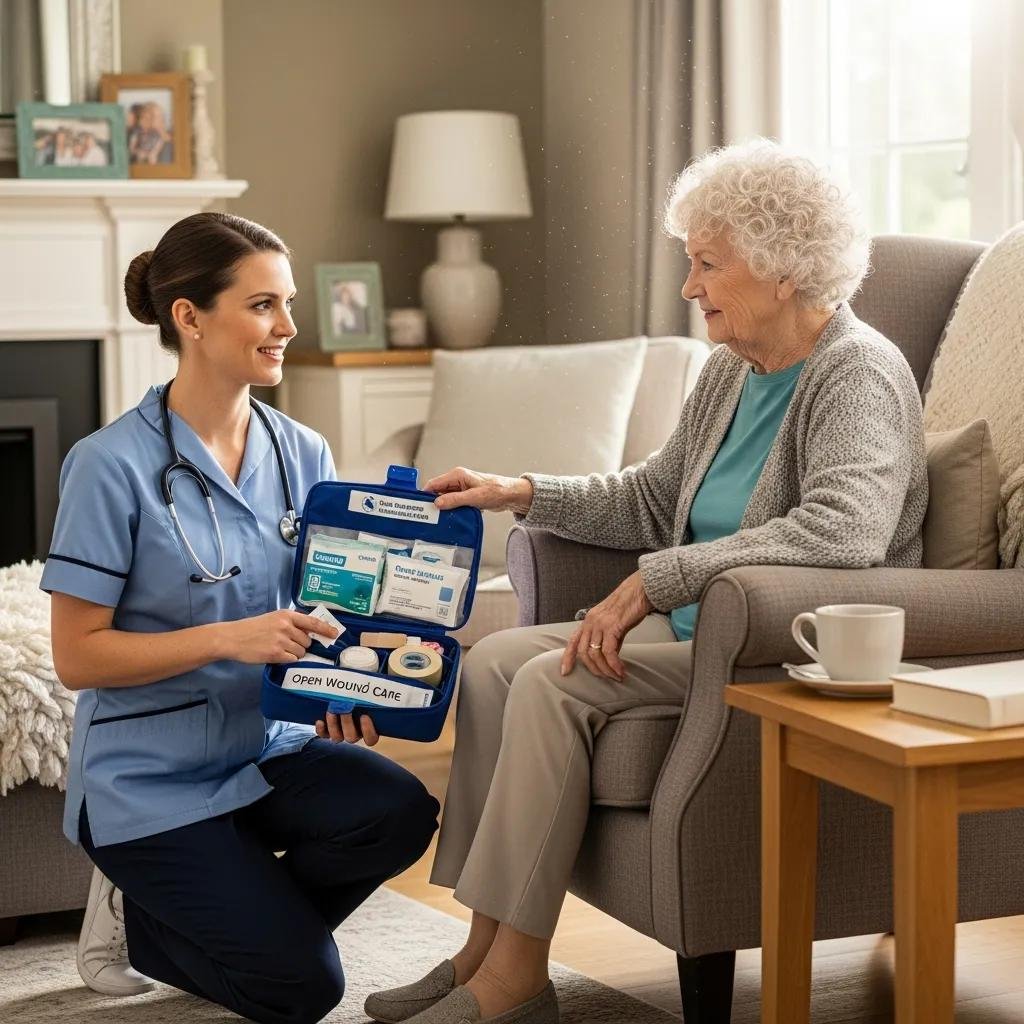 Mobile wound care nurse demonstrating treatment options to elderly patient in home setting, showcasing wound care supplies and promoting comfort and personalized attention in diabetic foot ulcer management.