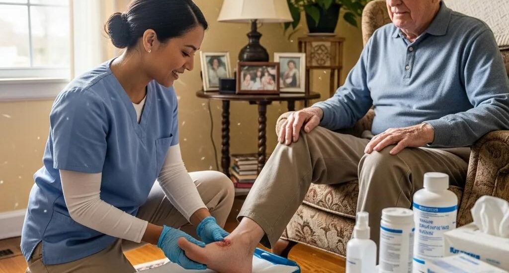Mobile wound care professional providing at-home treatment for diabetic patient, focusing on foot care, with medical supplies and supportive environment.