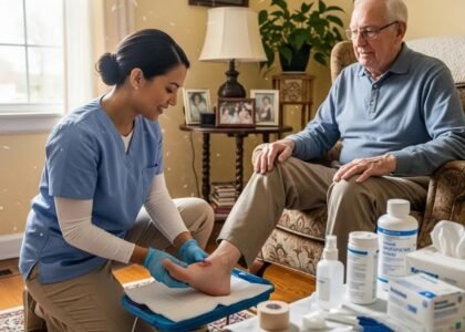 Mobile wound care professional providing treatment to a diabetic patient at home, showcasing personalized care and advanced healing solutions.