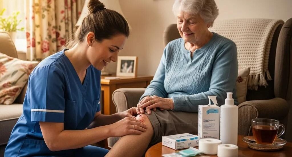 Mobile wound care professional assisting elderly patient with wound management at home, featuring medical supplies on table, emphasizing personalized care and recovery support.