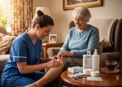 Nurse providing wound care to elderly woman at home, showcasing personalized healthcare and recovery support in a comfortable living environment.