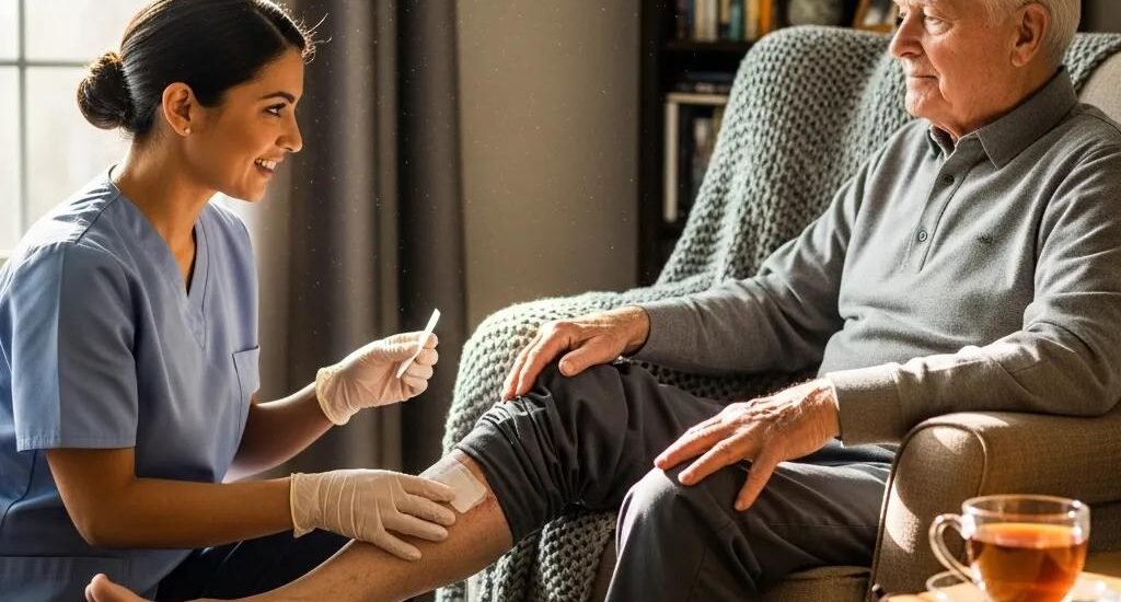 Mobile wound care professional assisting elderly patient with chronic wound treatment at home, showcasing personalized care in a comfortable living environment.