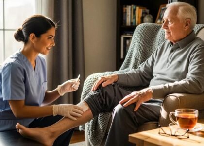 Mobile wound care professional providing treatment to elderly patient at home, emphasizing personalized chronic wound management and healing solutions.