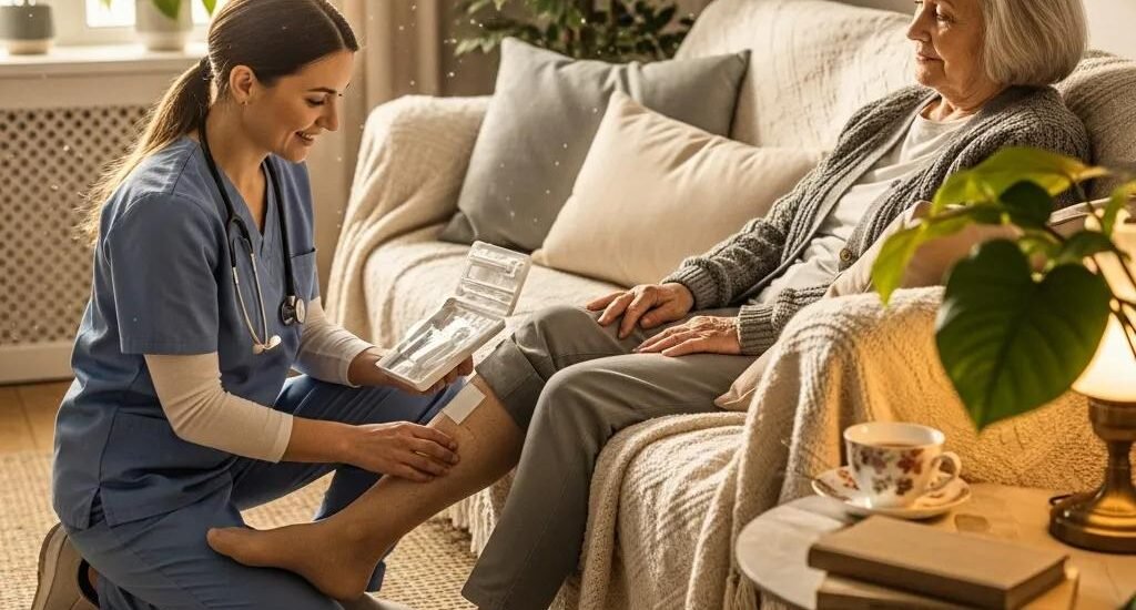 Mobile wound care professional providing in-home treatment to a patient, emphasizing comfort and personalized care in a cozy living room setting.