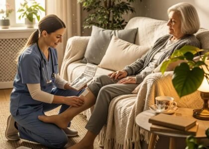 Mobile wound care professional assisting a patient at home, highlighting comfort and personalized treatment for chronic wounds.