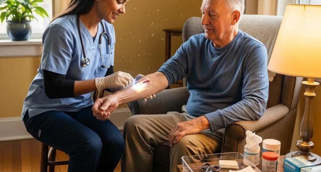 Healthcare professional providing mobile wound care to elderly patient at home, highlighting urgent care services and at-home treatment options.