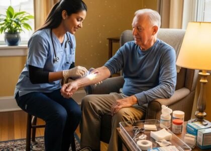 Mobile wound care professional providing treatment to an elderly patient at home, showcasing personalized care and advanced healing solutions.