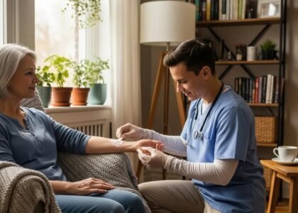 Mobile wound care professional assisting a post-surgical patient at home, applying a dressing in a cozy living room setting, emphasizing personalized care and recovery.