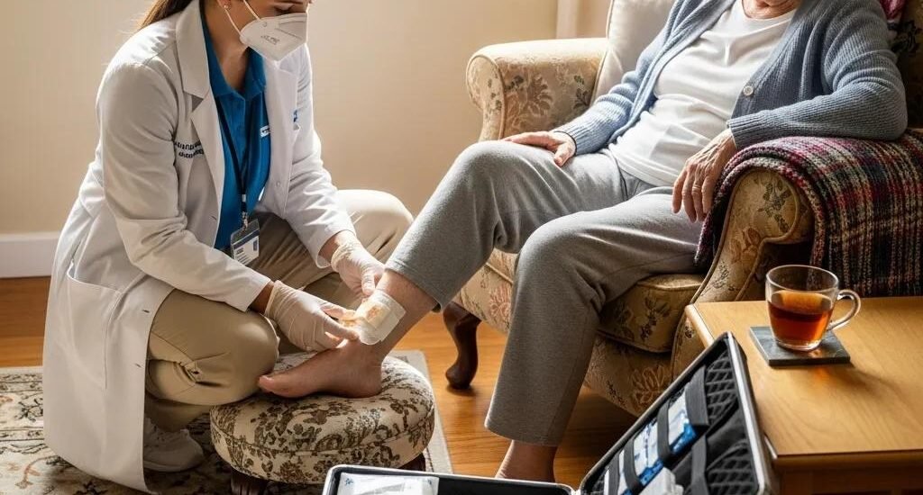 Mobile wound care provider examining a patient's foot in a cozy home environment, demonstrating personalized care and treatment options for effective healing.