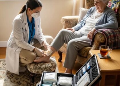 Mobile wound care provider examining a patient's foot in a cozy home environment, demonstrating personalized in-home treatment and compassionate care.