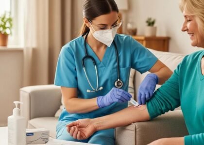 Caregiver in scrubs assisting a patient with wound care at home, illustrating mobile wound care services for enhanced recovery and comfort.