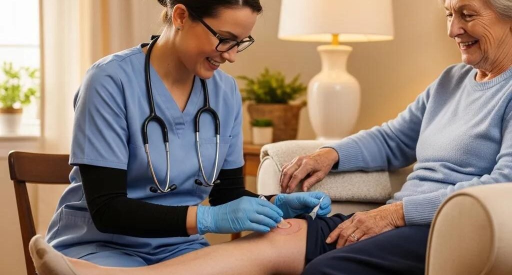 Nurse providing in-home wound care to elderly patient, demonstrating compassionate healthcare in a cozy setting, highlighting mobile wound care services.