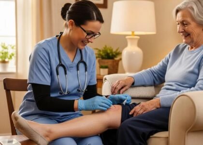 Nurse providing mobile wound care to elderly patient in home setting, emphasizing compassionate healthcare and effective treatment strategies.