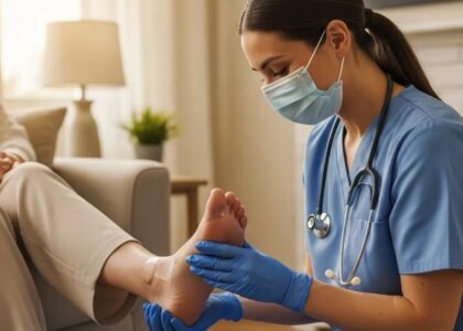 Mobile wound care service in a home setting, highlighting patient comfort and healthcare interaction