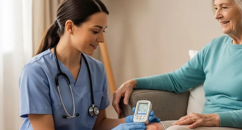 Nurse providing in-home chronic wound care to elderly patient, using medical device for assessment, emphasizing patient comfort and professional care.